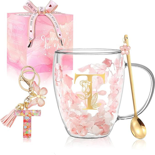 Personalized Gift for Women Flower Glass Coffee Mug Initial Tea cup Monogrammed Customized Bridesmaid Bride Wedding Gifts Graduation Gifts Valentine Mother's Day Birthday Christmas Gift (T)