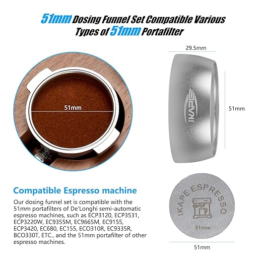 IKAPE Magnetic Dosing Funnel Set, 51MM Espresso Dosing Ring & Puck Screen Kit Compatible with 51 mm Bottomless Portafilter - with 10 Small Magnet (Silver)