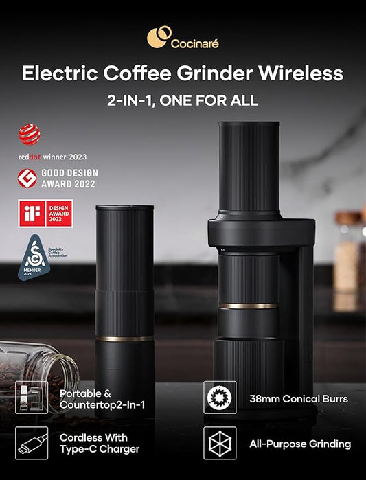 Cocinare Coffee Grinder Electric Wireless 2-in-1 Portable & Removable Countertop Kit, Burr Coffee Grinders, for Drip, Espresso & Cold Brew - Black