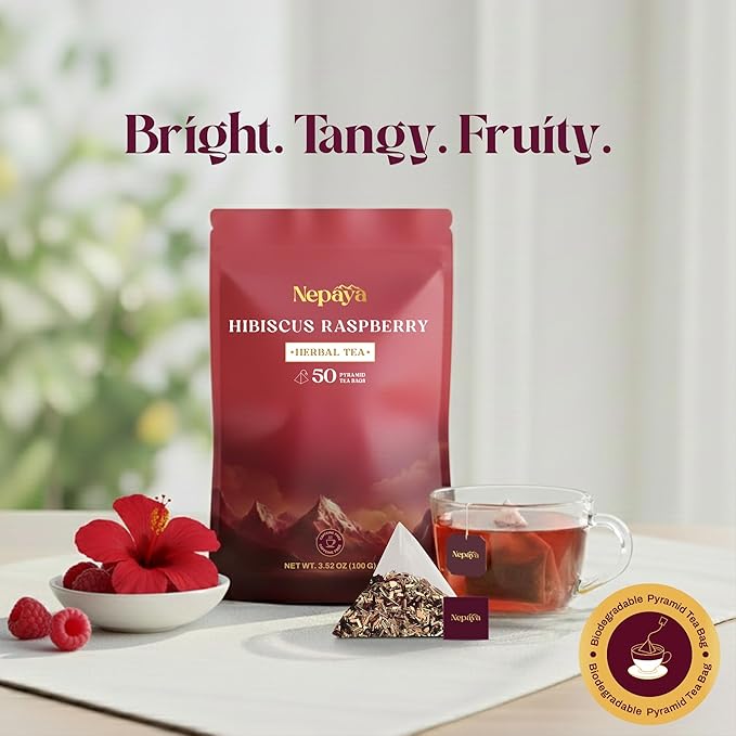 Hibiscus Raspberry Herbal Tea Bags, Caffeine Free Pyramid Tea Bags, Fruity Berry Blend with Rosehip, Lemongrass & Orange Peel, Hot or Ice Tea, 50 Biodegradable Bags