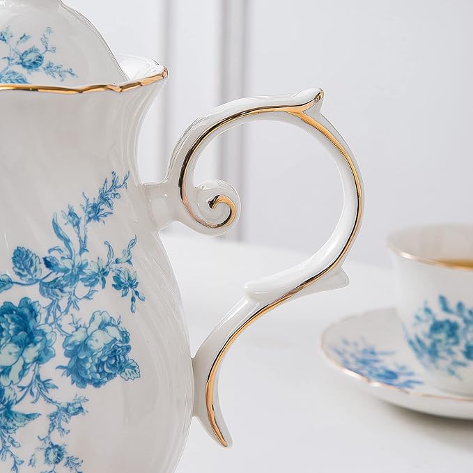 tea pot ceramic, Porcelain teapot with lid, 38.8 Oz for Tea, Milk, Coffee, Flower tea(Blue)