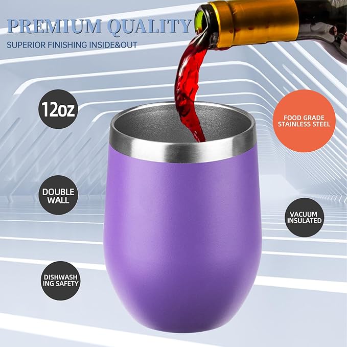 12oz Wine Tumbler with lid, Stainless Steel Travel Mugs Stemless Double Wall Insulated Coffee Cup, Insulated Wine Glasses Travel Tumbler for Cold & Hot Drinks(Purple, 1)