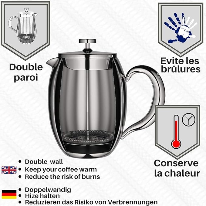 VeoHome - 0.75 litre plunger - Unbreakable and keeps the coffee hot for a long time thanks to its double stainless steel shell
