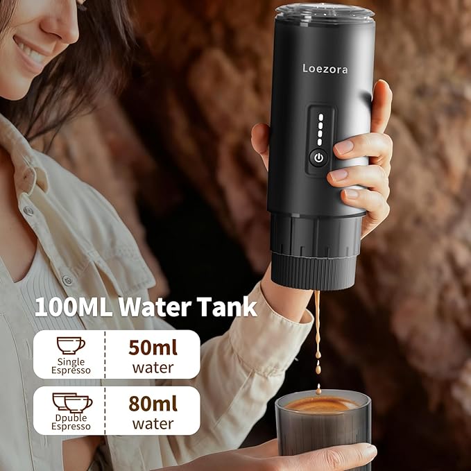 Leozora Portable Espresso Maker, 20Bar Professional Pressure, Stainless Steel Body, 7500mAh USB-C Rechargeable, 3-in-1 for Ground Coffee & Nespresso/DG Capsules, Ideal for Camping, Car, Office, Black