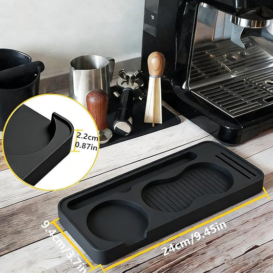 Espresso Tamping Mat, Espresso Tamper Mat, Coffee Tamper Mat for Countertop, Non-Slip Heat Resistant Silicone Portafilter Mat for Distributor, Brush & Puck Screen, Dishwasher Safe (Black, 9.5"×3.7")