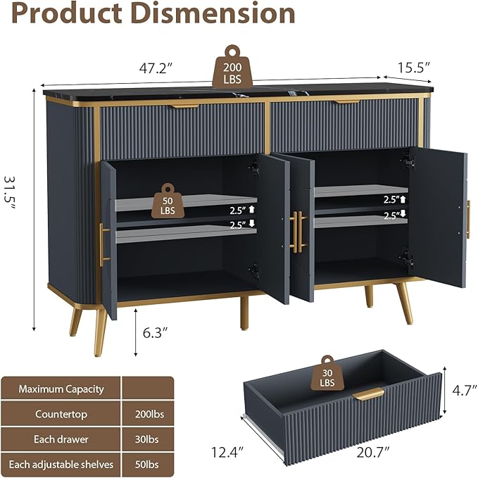47.2" Buffet Storage Cabinet, Modern Fluted Coffee Bar Station with 2 Drawers & Adjustable Shelves, Kitchen Sideboard Buffet for Dining Room, Living Room, Hallway, Navy Blue