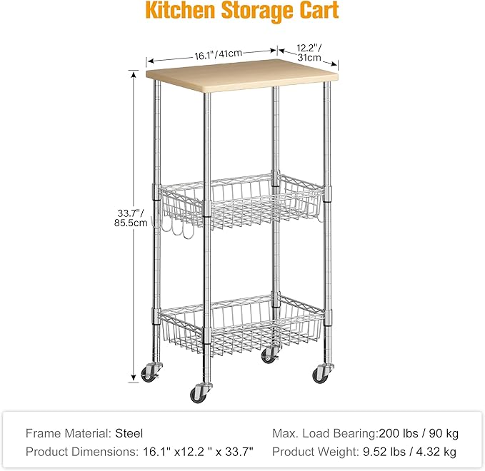Homeiju Rolling Kitchen Storage Cart, 3-Tier Storage Rack on Caster Wheels with Adjustable 2 Baskets, Coffee Station Cart Rack Shelf Organizer for Living Room Office, Balcony, Chrome/Silver
