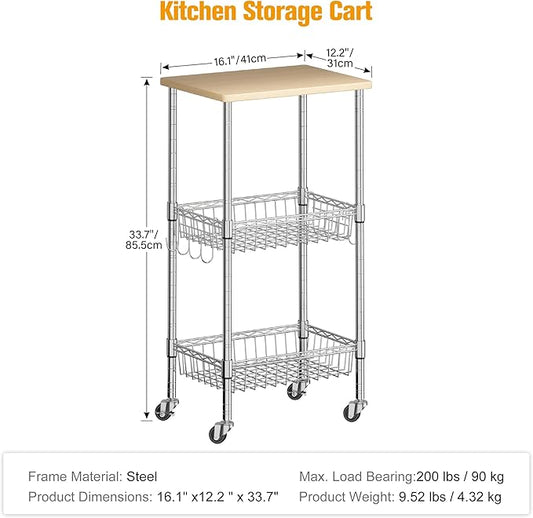 Homeiju Rolling Kitchen Storage Cart, 3-Tier Storage Rack on Caster Wheels with Adjustable 2 Baskets, Coffee Station Cart Rack Shelf Organizer for Living Room Office, Balcony, Chrome/Silver