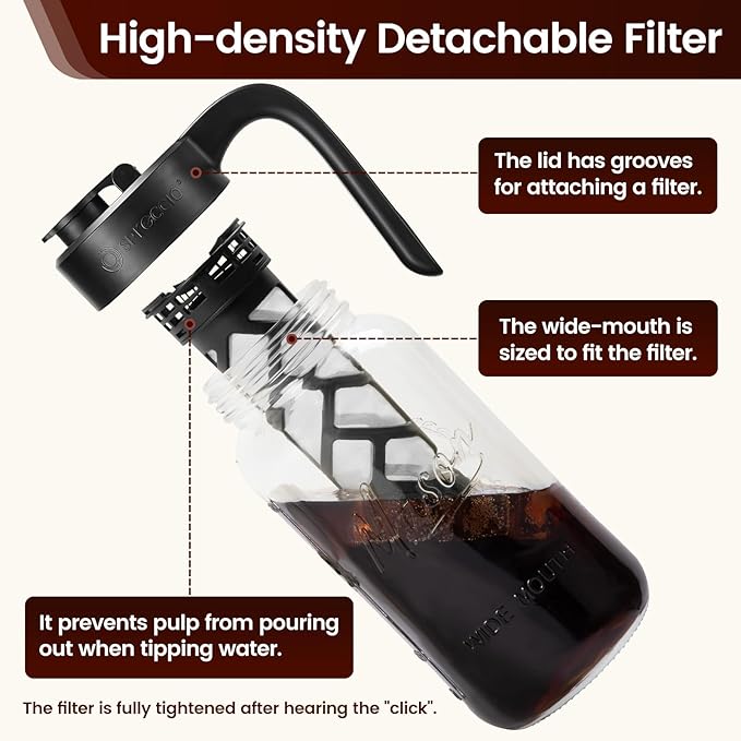 Spreccio Cold Brew Coffee Maker Glass, Airtight & Leakproof Mason Jar Pitcher with Cold Brew Filter, 64 oz Glass Pitcher with Lid for Iced Coffee, Lemonade, Ice Tea