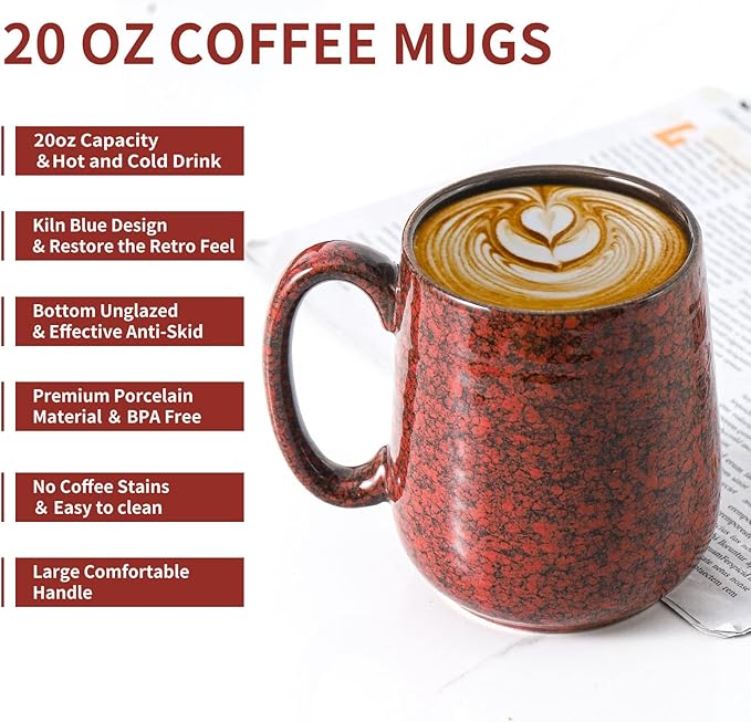 Hasense Large Coffee Mug, Coffee Cup Ceramic for Men and Women, 20 oz Stoneware Mug for Tea Soup Milk as Gifts, Dishwasher and Microwave Safe(Red)