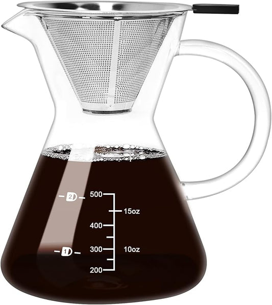 500ML(16.9oz) Glass Pour Over Coffee Maker with Double Stainless Filte - 4 Cup (Approx Refers to 4 oz. Per Cup) Thickened Heat-Resistant Paperless Pour Over Coffee Dripper Perfect Extraction for Home