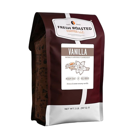Fresh Roasted Coffee, Decaf French Vanilla Flavored Coffee, 2 lb (32 oz), Medium Roast, Kosher, Whole Bean