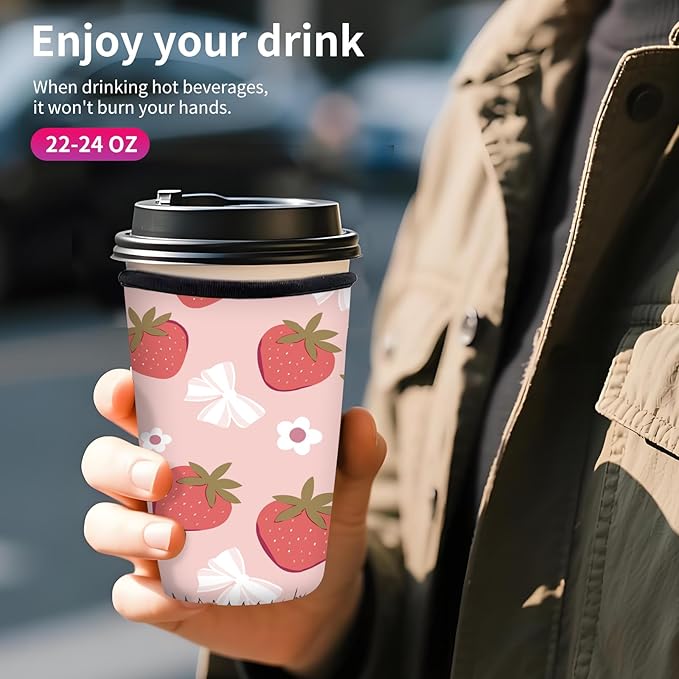 Reusable Neoprene Insulator Sleeve for Iced Coffee Cups, Medium 22-28oz Durable Drink Sleeve for Cold Beverages, Cute Beverage Holder Cup Sleeve for Women Men Cute Pink Strawberry