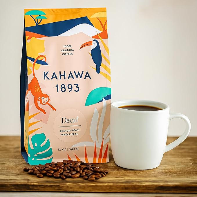 Kahawa 1893 Whole Bean Coffee Medium Roast Decaf Blend 12 Oz - As Seen on Shark Tank, Naturally Sweet, Organically Grown, Ethically & Sustainably Sourced