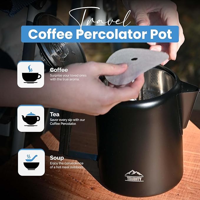 Toughty Yosemite Percolator Coffee Pot – Classic Stovetop Coffee Maker for Camping, Hiking & Home, Durable Stainless Steel Pot, Compatible with All Stovetops – Old-Fashioned 12-Cup Percolator, Black