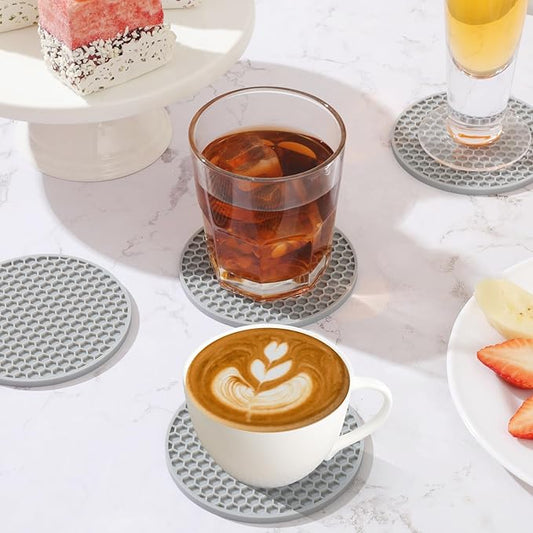 Coasters Set of 6,Coasters for Drinks,Coffee Table Decor Coaster with Holder,Suitable for Kinds Cup,Anti-SLI,Heat-Resisting,Silicone Cup Coaster and Living Room Decor(6 Pcs, Gray)