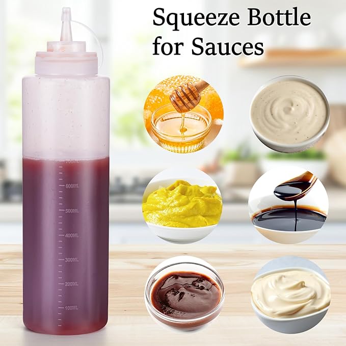 Katfort Condiment Squeeze Bottles Ketchup Dispenser, 6 Pack 32oz Squeeze Bottles for Liquids, Plastic Sauce Bottle with Cap Lid, Squirt Bottles for Sauces Liquids BBQ Dressing Pancake Art