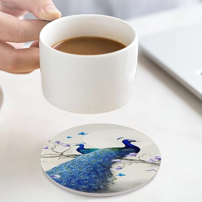 Peacock Drink Coasters, Round Ceramic Drink Coaster Round-4PCS, Vintage Style Beautiful Blue Peacock Floral Decor Absorbent Ceramic Coasters for Beverage Cup, Bar, Coffee Table