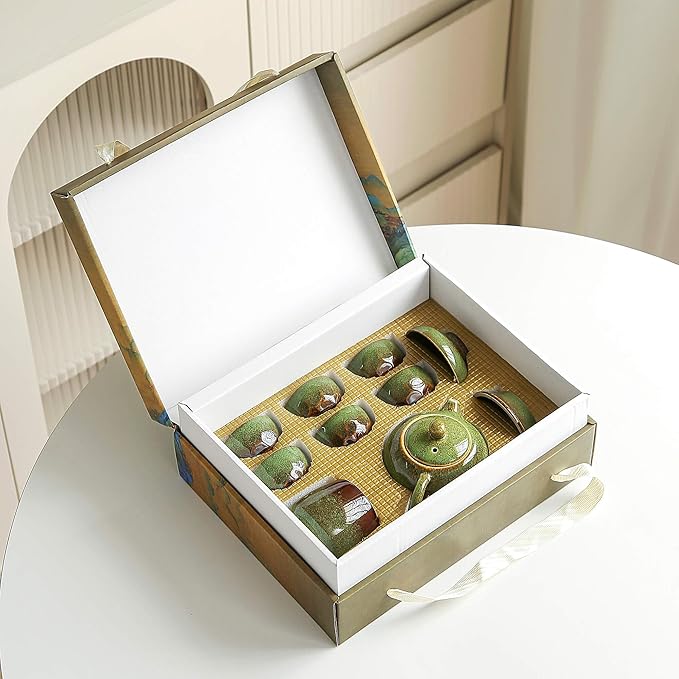 Chinese Tea Set, 10-Piece Ceramic Set with Teapot and Cups, Gongfu Tea Set,Tea Gift Sets,Outdoor and Office (Kiln-Changed Green)