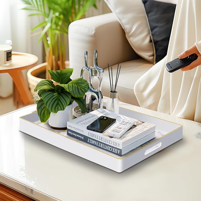 MAONAME White Decorative Tray with Handles, Plastic Serving Tray for Coffee Table, Marbling Rectangular Tray for Ottoman, Bathroom, Storage, 15.8" Lx 10.2" W X 1.4" H