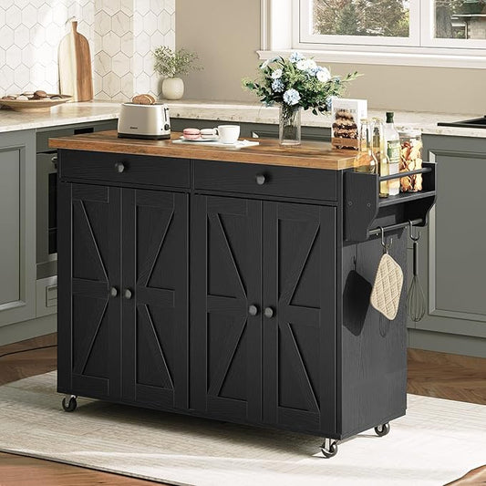 HOOBRO Kitchen Island with Power Outlet, 43.3" Rolling Island with Storage, Kitchen Cart with Spice Rack and Hooks, for Living Room, Rustic Brown and Black BF11UZD01