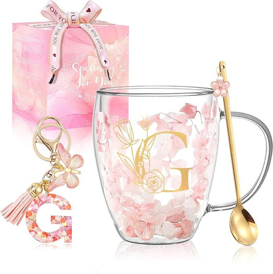 Personalized Gift for Women Flower Glass Coffee Mug Initial Tea cup Monogrammed Customized Bridesmaid Bride Wedding Gifts Graduation Gifts Valentine Mother's Day Birthday Christmas Gift (G)