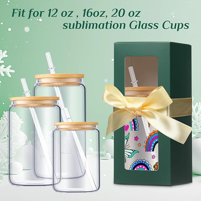 Honoson 24 Pcs Tumbler Gift Box with Ribbon for Sublimation Glass Exhibition Boxes Transparent for 12oz 16oz 20oz Drinking Cup Glasses Jars Mug Can Blanks(Green)