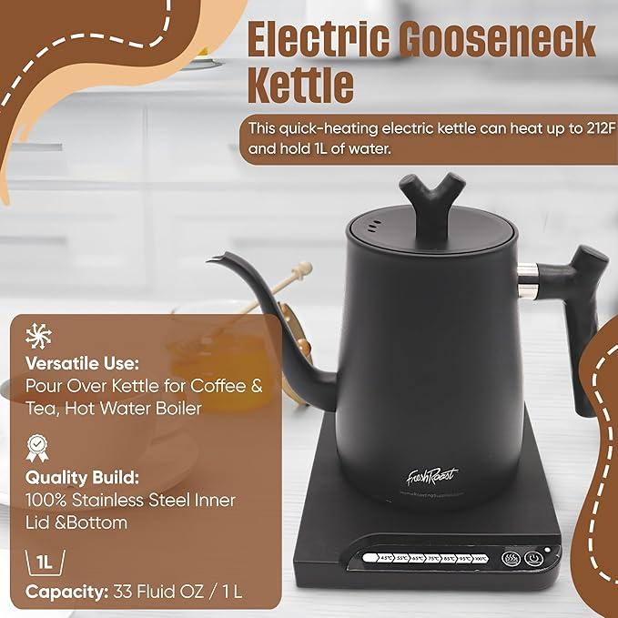 Fresh Roast Coffee Roaster Bundle SR800, Glass Extension Tube, Pour Over Digital Scale, 800ML Glass Pour Over, Electric Kettle, (2lbs) Sample Pack of Green Beans, (2-Pack) Sample Trays, Chaff Brush