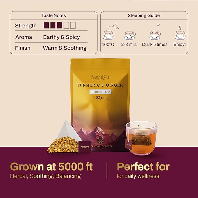 Turmeric Ginger Herbal Tea 50 Count Pyramid Tea Bags From the Himalayas, Caffeine Free, Gluten Free, warm and spicy Taste, biodegradable Tea Bags