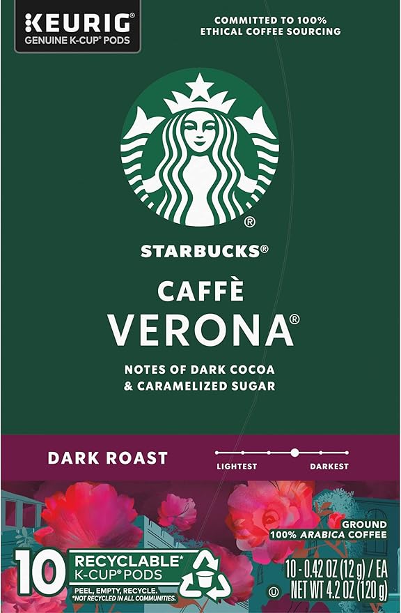 Starbucks Caffe Verona Coffee K-Cup Pods, Dark Roast Arabica Coffee, 20 Count (Pack of 2 Boxes)