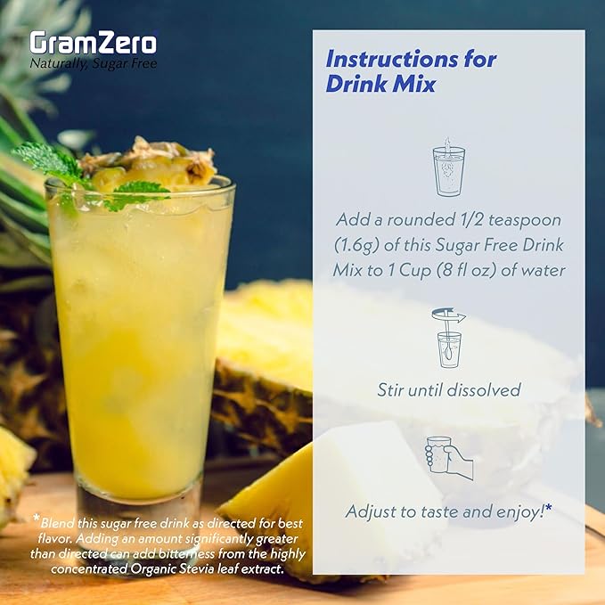 GramZero All Natural Pineapple Zero Calorie Sugar Free Drink Mix, Great For Nutrition Club Loaded Tea, Stevia Sweetened