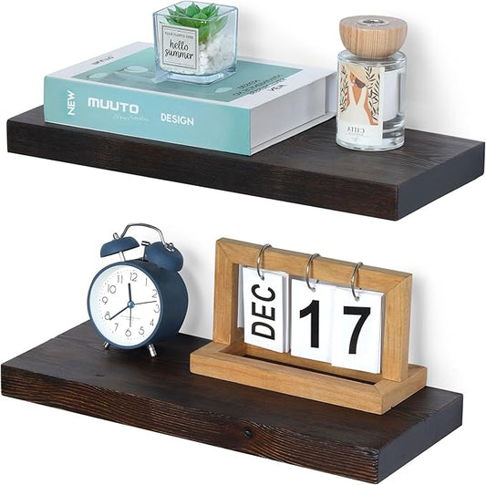 Marsmiles Wood Floating Shelves | Rustic Dark Wood Wall Shelves Set of 2 | 16" W x 6.7" D Wooden Floating Shelves for Bathroom Kitchen Living Room Bedroom
