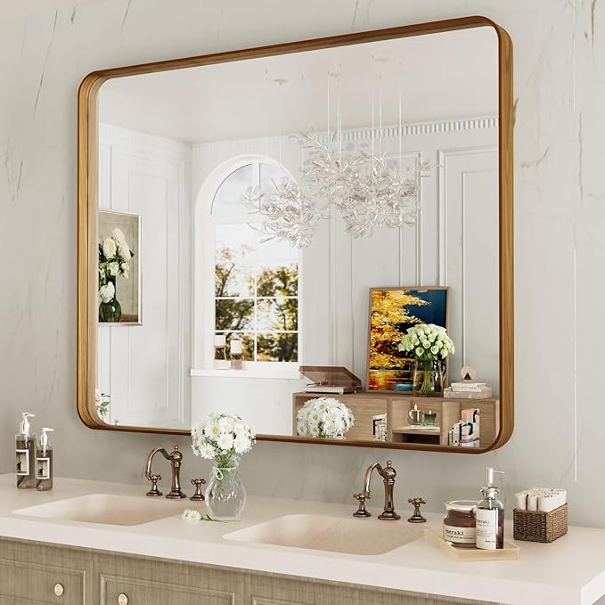 LOAAO 40X36 Inch Bathroom Mirror with Wood Grain Colored Metal Frame, Rounded Rectangle Metal Framed Bathroom Mirror, Anti-Rust, Hangs Horizontally or Vertically, Tempered Glass