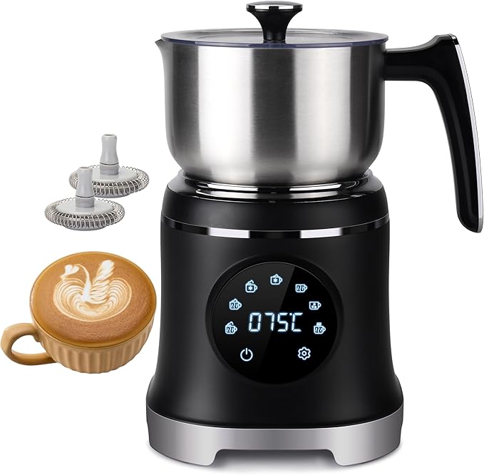 7-IN-1 Milk Frother, 20.3 OZ Milk Frother and Steamer with Temperature Control Stainless Steel Electric Milk Frother Dishwasher Safe Hot and Cold Foam for Latte Hot Chocolate Cocoa (Black)