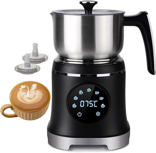 7-IN-1 Milk Frother, 20.3 OZ Milk Frother and Steamer with Temperature Control Stainless Steel Electric Milk Frother Dishwasher Safe Hot and Cold Foam for Latte Hot Chocolate Cocoa (Black)