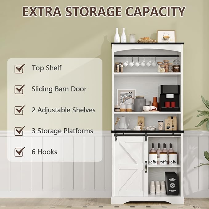 4ever2buy Farmhouse Tall Coffee Bar with Tall Hutch, Buffet Cabinet with Storage, 70 Inch Coffee Bar Cabinet with Sliding Barn Door and Adjustable Shelves for Living Dining Room, White