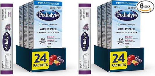 Pedialyte Electrolyte Powder, Hydration Drink for Kids & Adults, Variety Pack: Strawberry, Fruit Punch, Grape, and Apple, 24 Powder Packets,(Pack of 6)