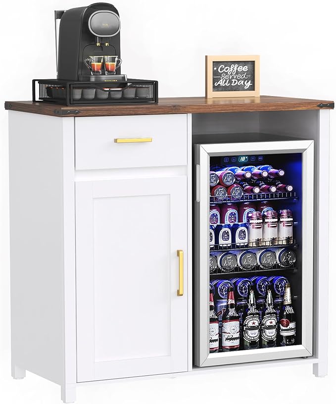 GDLF Coffee Bar with Mini Fridge Space, Mini Fridge Cabinet Stand，Liquor Wine Cabinet for Dorm, Kitchen or Office, 39.4" W X 20.9" D Tabletop，White