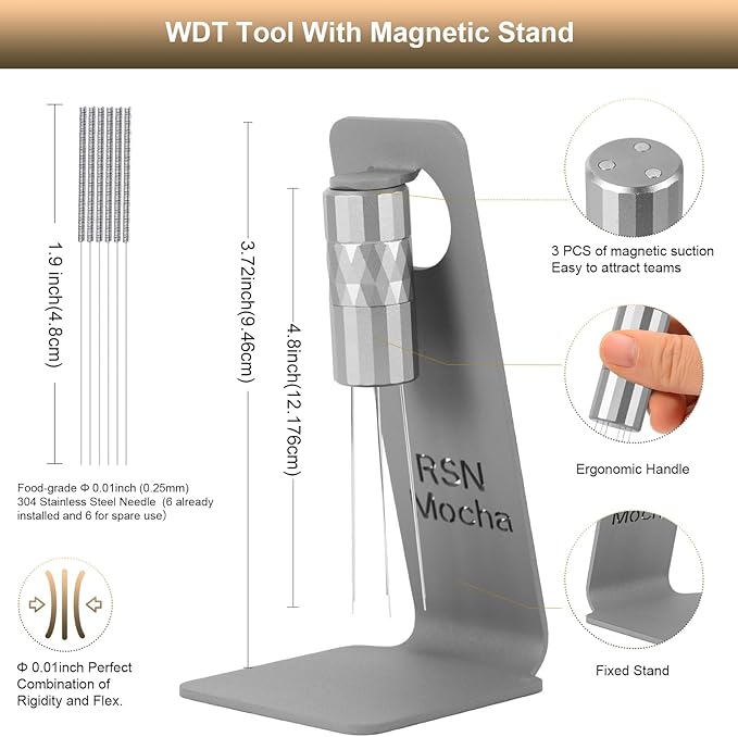 WDT Tool Espresso Distribution Tool,Coffee Distribution Tool with Magnetic Stand, Espresso Accessories with 6 Extra Φ0.25mm Stainless Steel Needles for Barista (Crystal Silver, Φ0.25mm)