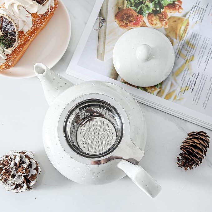 HVH 34 oz Porcelain Teapot with Stainless Steel Infuser, Ceramic Tea pot with Infuser for Loose Tea, Enough For 6 Cups, High Tea Series, Farmhouse Style (White)