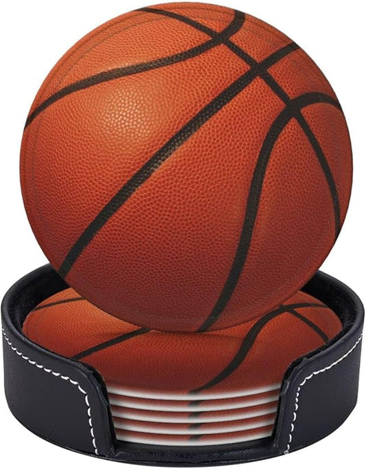 Basketball Coasters for Drinks with Holder Leather Coasters Set of 6 for Coffee Table