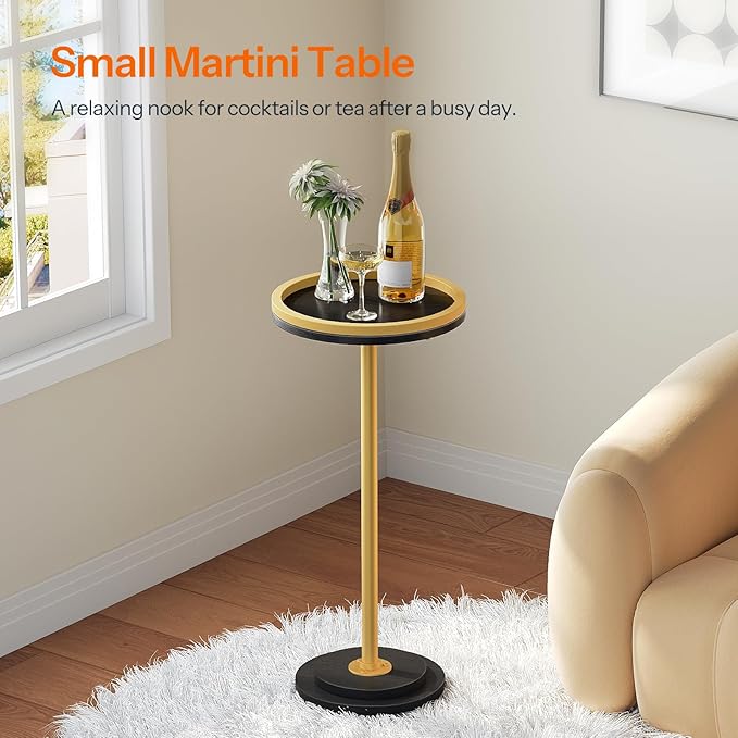 HOOBRO Small Round Side Table, Drink Table, Coffee Martini Table with Pedestal Accent for Small Spaces in Living Room, Bedroom, Sofa Couch, Black and Gold DB168BZ01