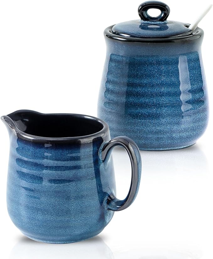 Ceramic Sugar and Creamer Container Set of 3,10 Ounce Cream Pitcher,11 Ounce Sugar Bowl with Lid and Spoon,Farmhouse Coffee Bar Accessories Set for Serving,Microwave & Dishwasher Safe,Blue