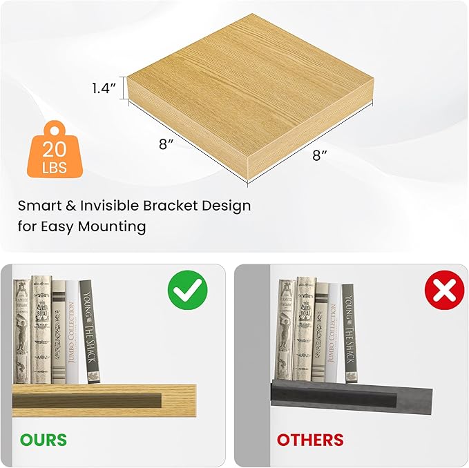 Square Floating Shelves for Wall, 7.5" W x 7.5" D x 1.4" H, Small Wooden Wall Mounted Display Shelf with Invisible Brackets for Living Room, Bathroom, Kitchen Decor, Set of 4, Oak