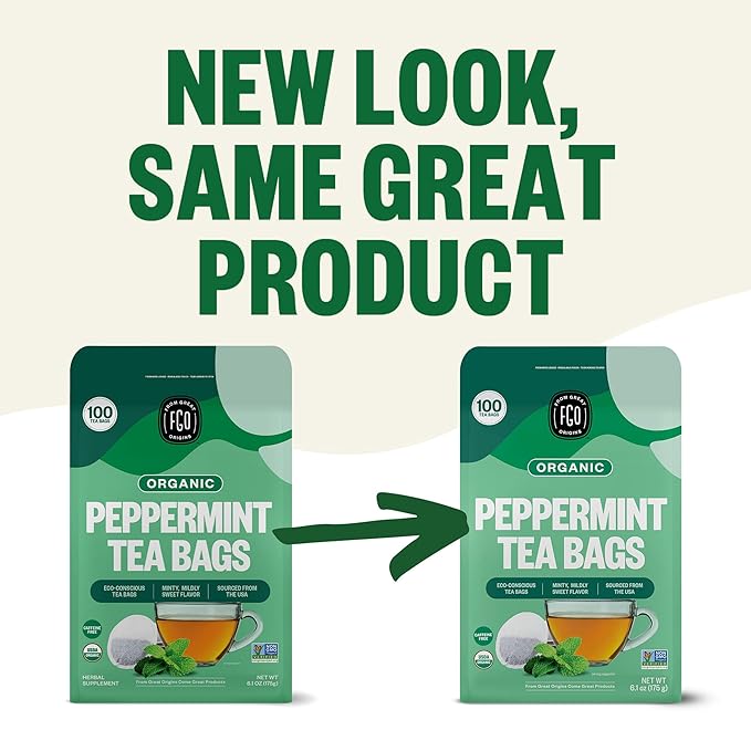 FGO Organic Peppermint Tea, 100 Count, Eco-Conscious Tea Bags, Caffeine Free, Packaging May Vary (Pack of 1)