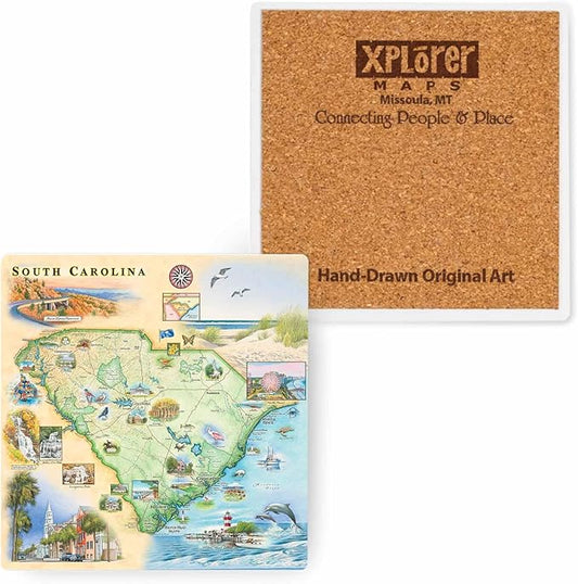 Xplorer Maps South Carolina Map Ceramic Coasters with Cork Base - Set of 4