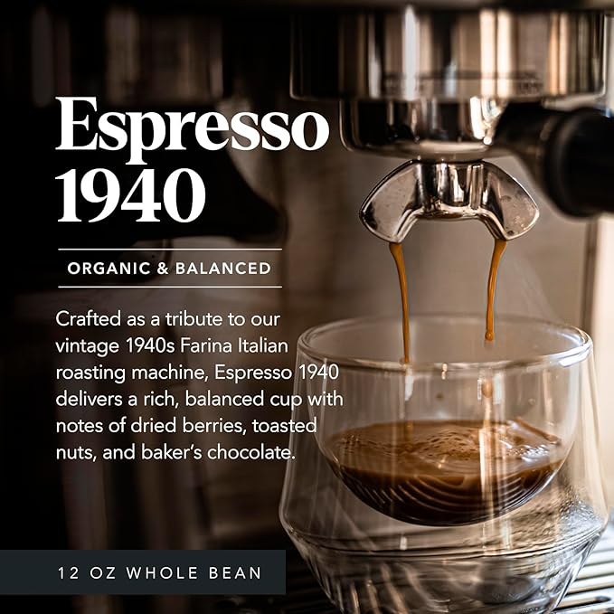 Carmel Valley Coffee Roasting Espresso 1940 – Organic Medium Roast, Africa, Central & South America - Notes of Dried Berries, Toasted Nuts & Baker’s Chocolate, Whole Bean Coffee, 12 Oz Bag, 1 Pack