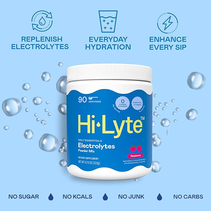 Hi-Lyte Electrolyte Powder, Daily Hydration Supplement Drink Mix, 90 Servings | Sugar-Free, 0 Calories, 0 Carbs | No Maltodextrin. Gluten-Free | Supports Keto | Light Refreshing Flavor (Raspberry)