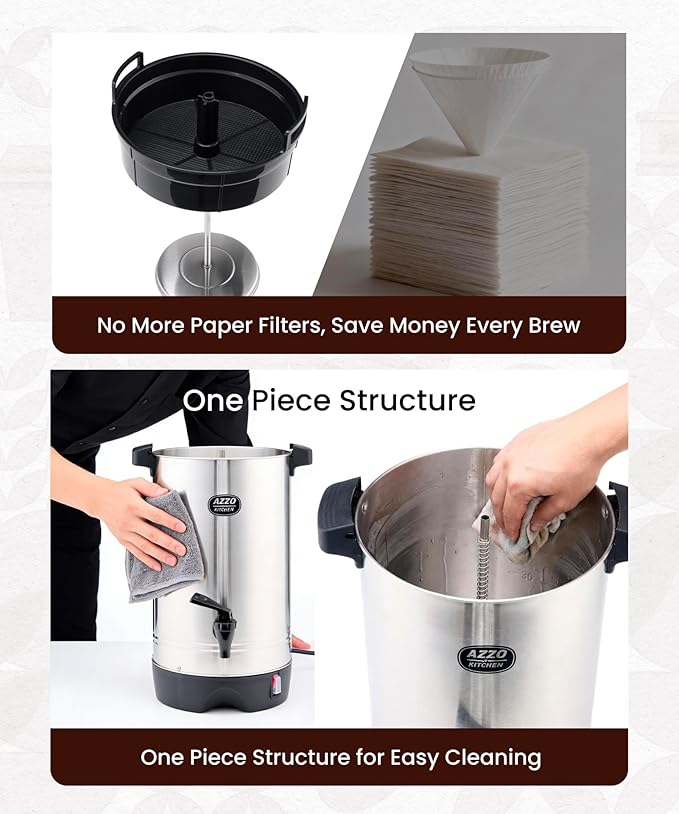AZZO KITCHEN Commercial Coffee Maker 45-Cup Large Coffee Urn with Percolator Coffee Pot Electric 6.9L Stainless Steel Fast Brew Hot Water Dispenser for Tea Catering Events Home Office Easy Cleaning
