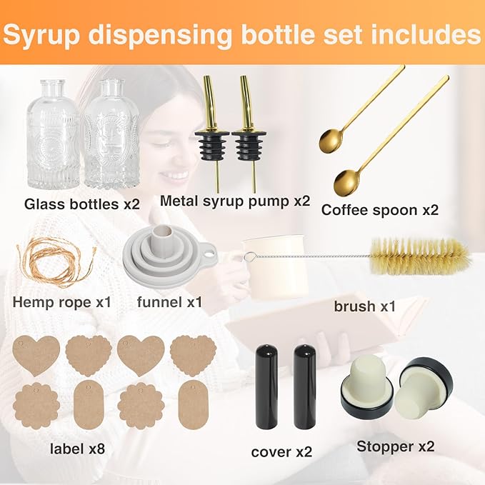 Oudizz Coffee Syrup Dispenser Set 2 Pcs - 200ml Syrup Dispenser Glass With Metal Pour Spout for Coffee Bar for Kitchen